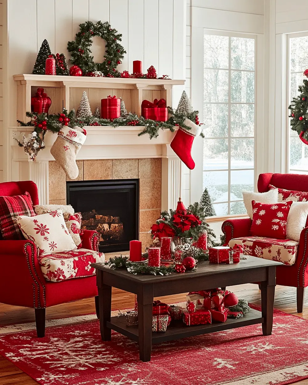 White living room with red armchairs, a red snowflake rug, stockings and red candles on the mantel