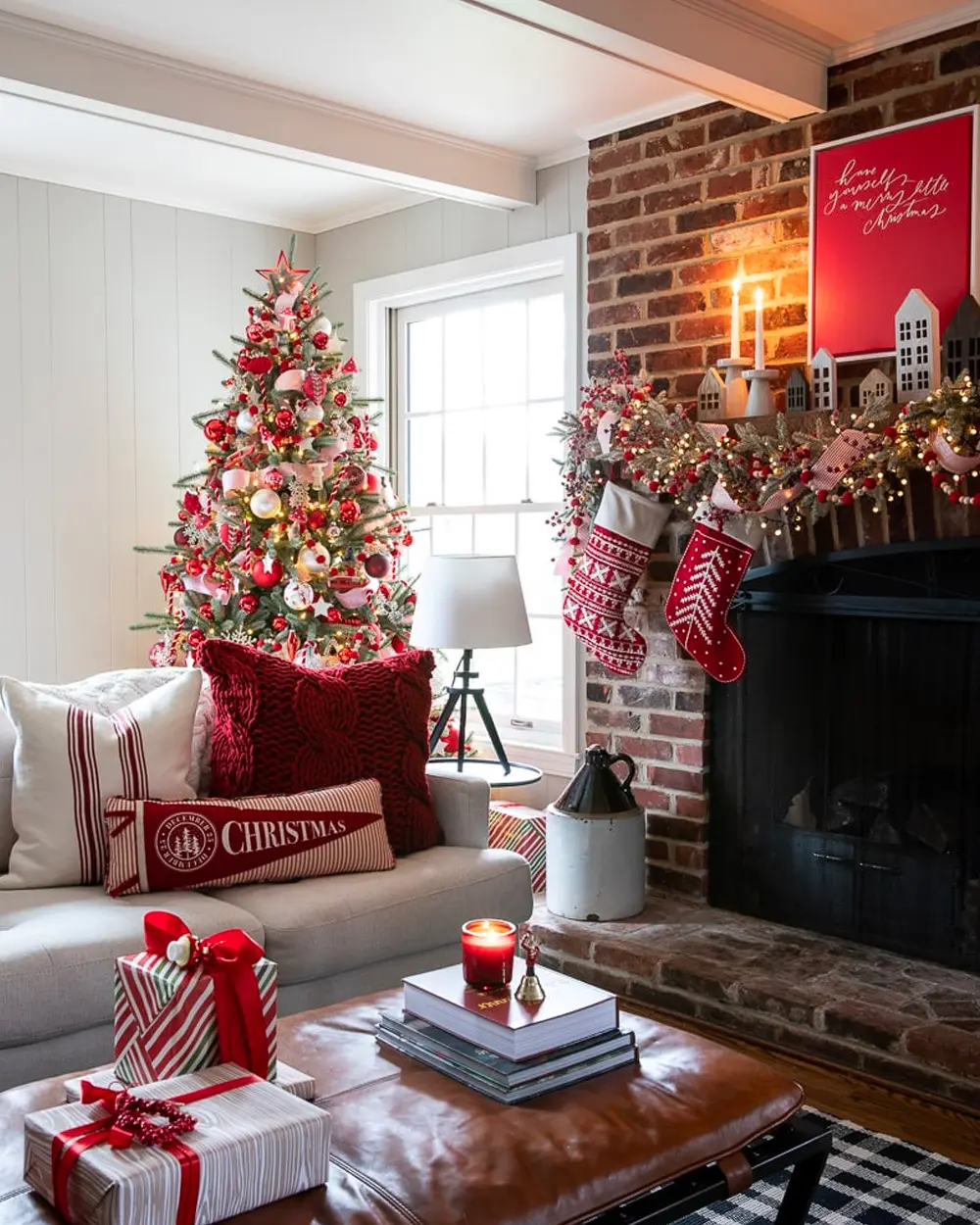 Living room with red pillows, a red and white tree, stockings on a brick fireplace and wrapped gifts