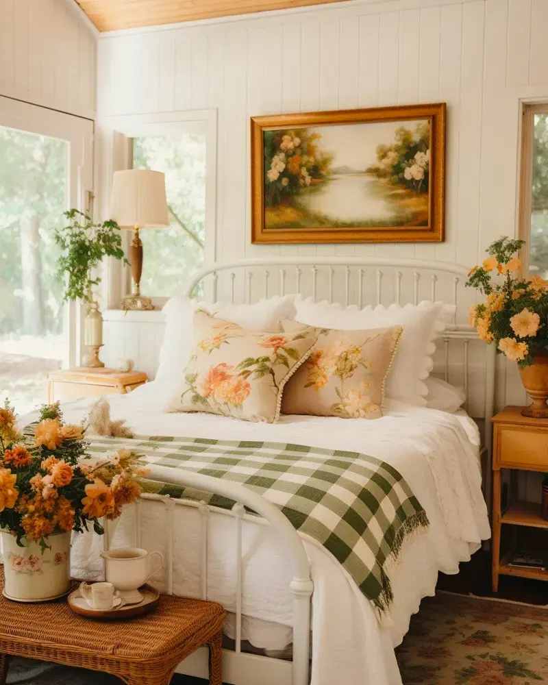 White iron bed with floral pillows, a green gingham throw and a landscape painting with orange flowers