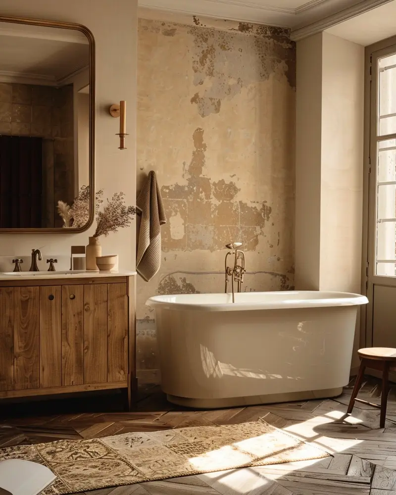 Vintage wood vanity, freestanding tub with brass faucet, peeling plaster wall and wood ladder