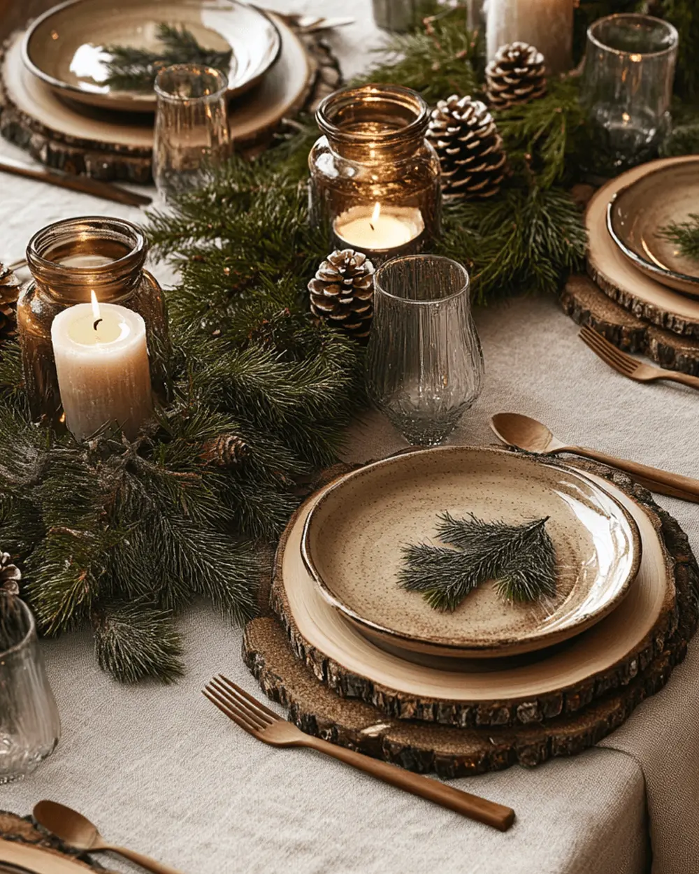 Linen table with wood-slice chargers, stoneware plates with a fir sprig, pine runner and candles in jars