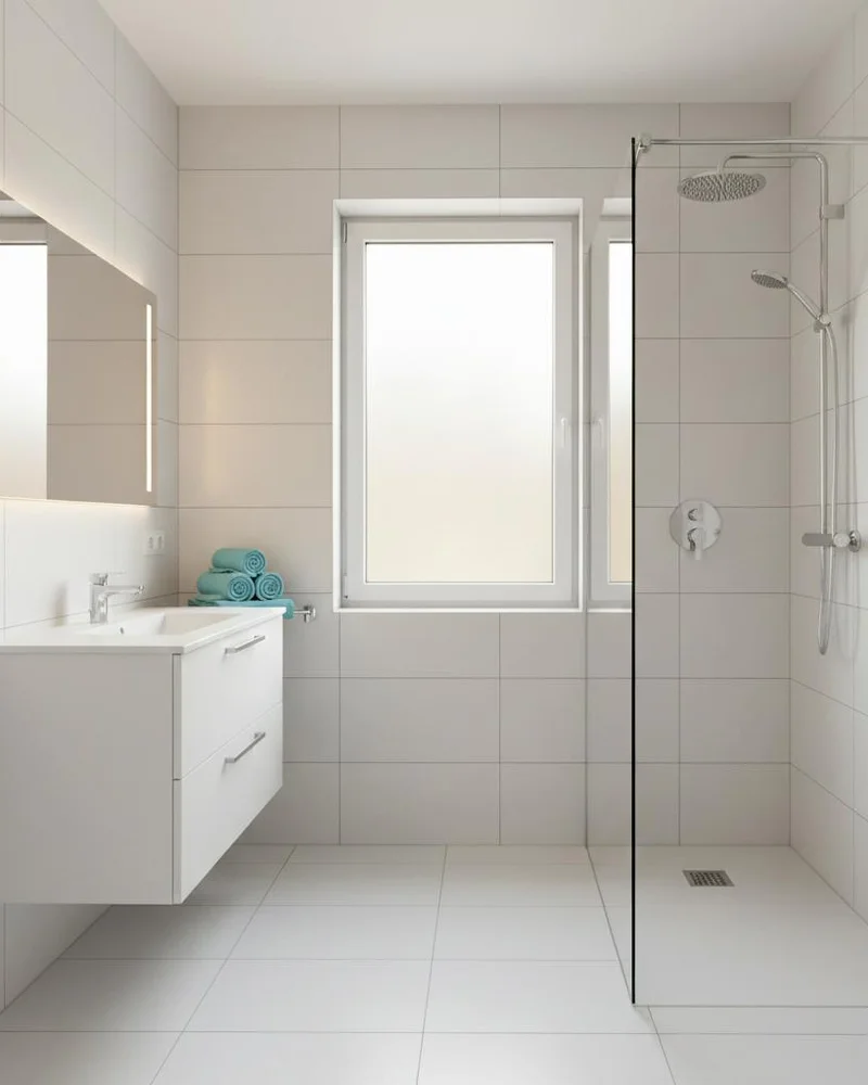 Small white bathroom with large white tiles, frosted window and glass shower panel