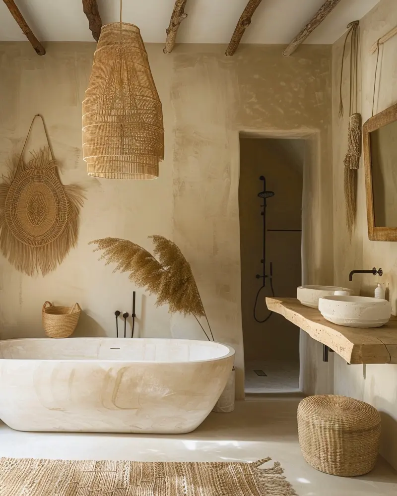 Cream plaster bathroom with sculptural stone tub, woven wall disc, pampas grass and rattan pendant