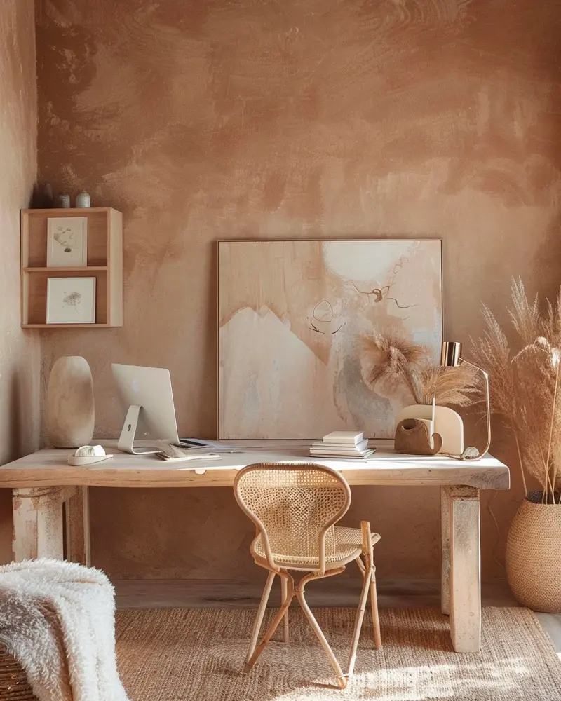 Blush clay-colored walls, pale wood desk, cane chair, abstract canvas and dried pampas grass