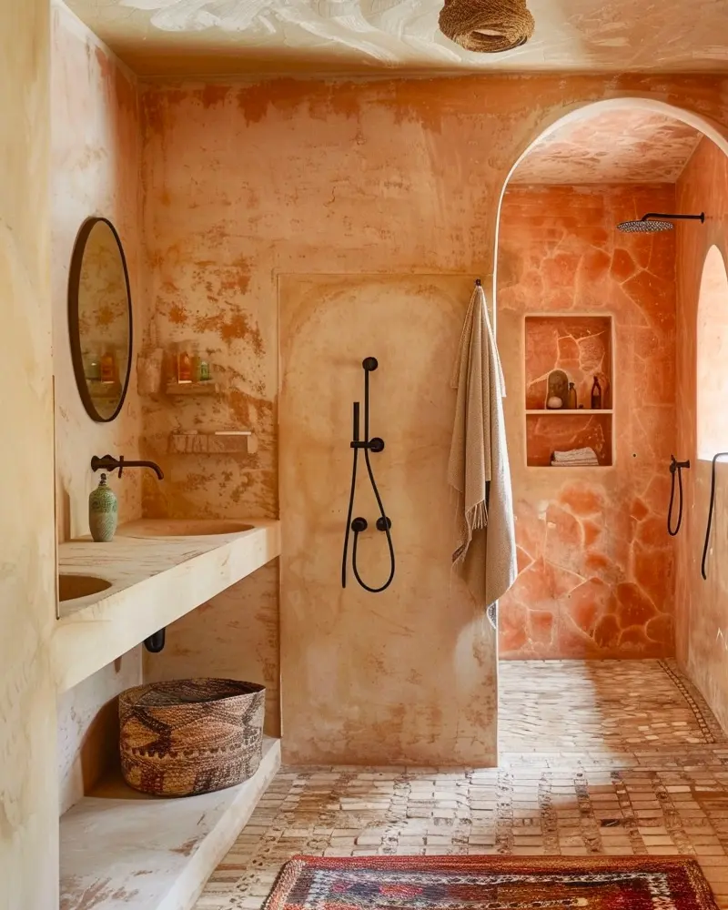 Terracotta lime-washed walls with arched doorway, walk-in shower, niche shelves and brick floor