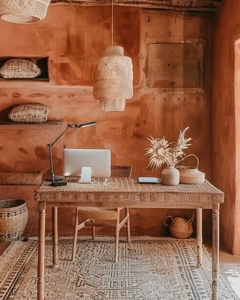 Lime-washed terracotta walls, turned-leg wooden desk, woven pendant lamp and patterned rug