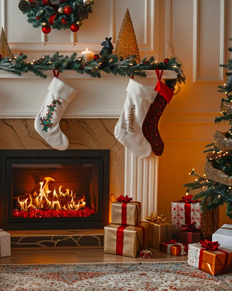 White mantel with embroidered white and red stockings, a garland with red baubles and gift boxes