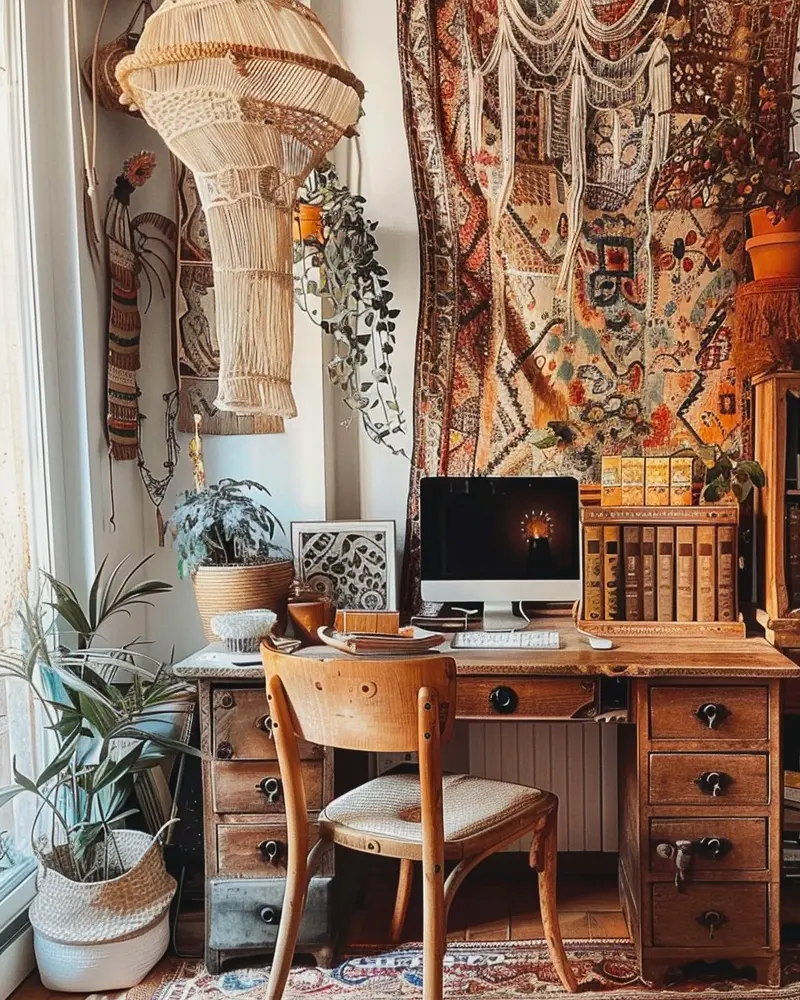 Thrifted wooden desk and bentwood chair beside plants, with a large colorful tapestry and a woven pendant