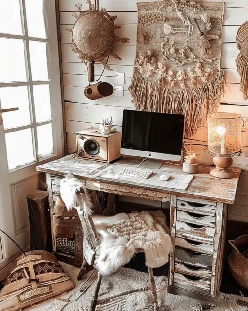 Rustic wood desk with iMac, wall-mounted woven art and sheepskin chair
