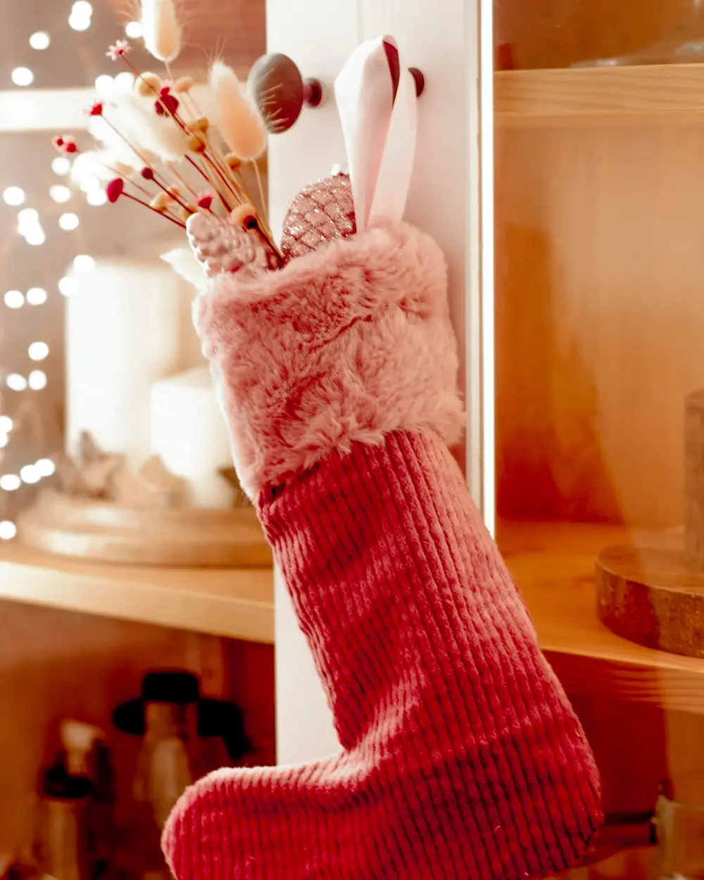 Red corduroy velvet stocking with a pink faux fur cuff filled with dried flowers