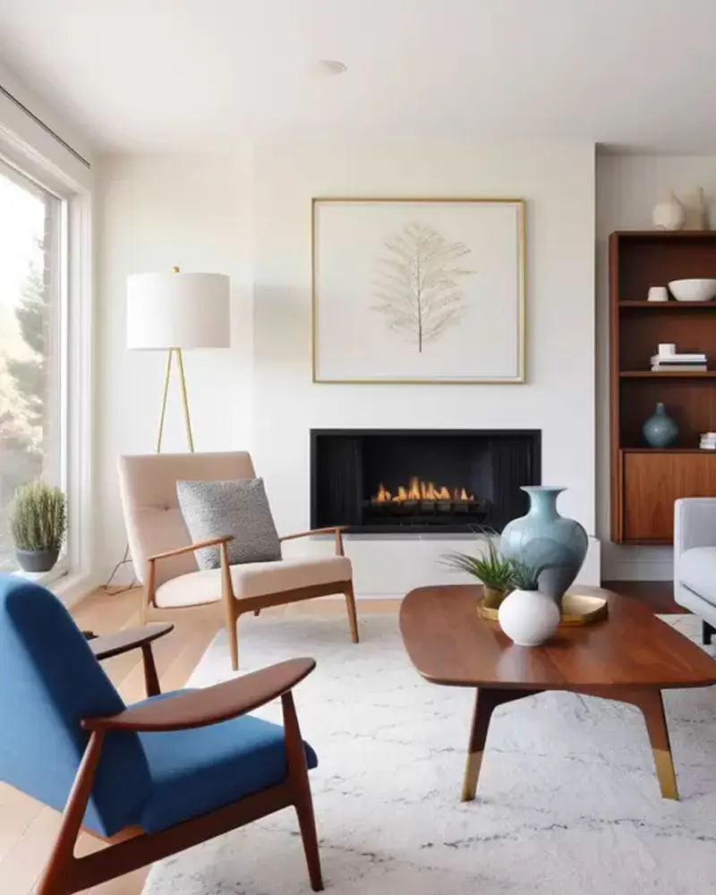 Mid-century living room with a blue armchair, a wood-framed lounge chair, a teak coffee table, a linear fireplace and a white rug