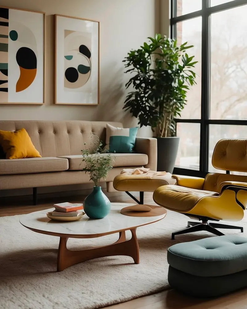 Living room with a beige tufted sofa, a mustard leather lounge chair, a surfboard-shaped wood coffee table, a tall plant and abstract art