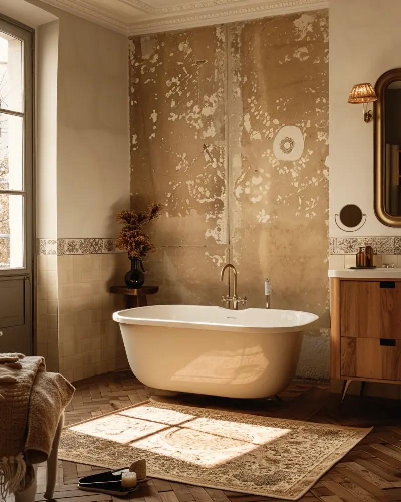 Clawfoot-style tub against weathered plaster wall, wood cabinet and faded rug