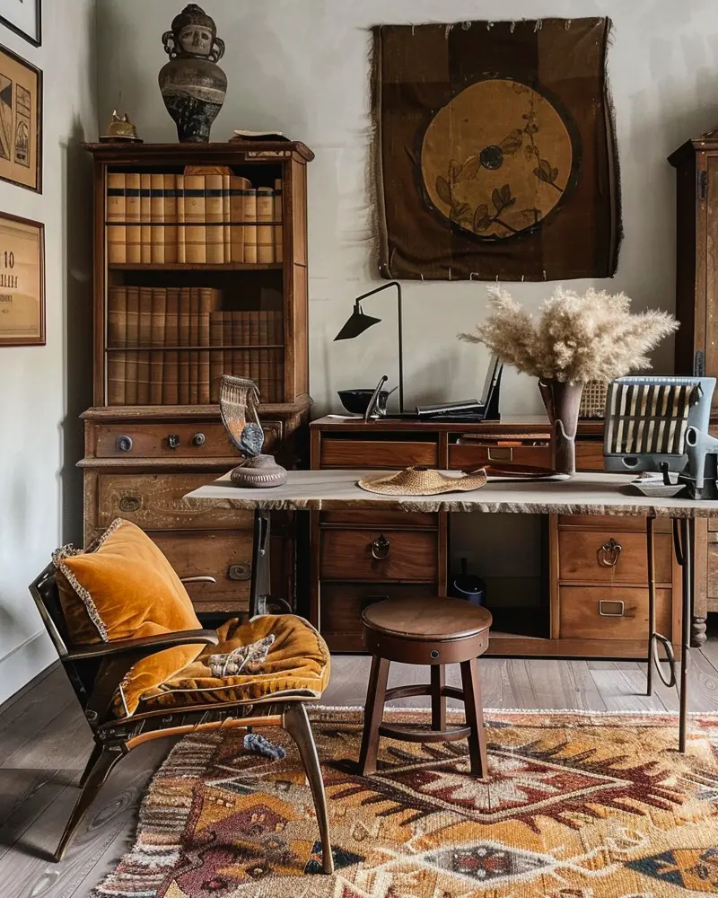 Antique wooden desk and bookcase, mustard velvet armchair, wooden stool and patterned kilim rug