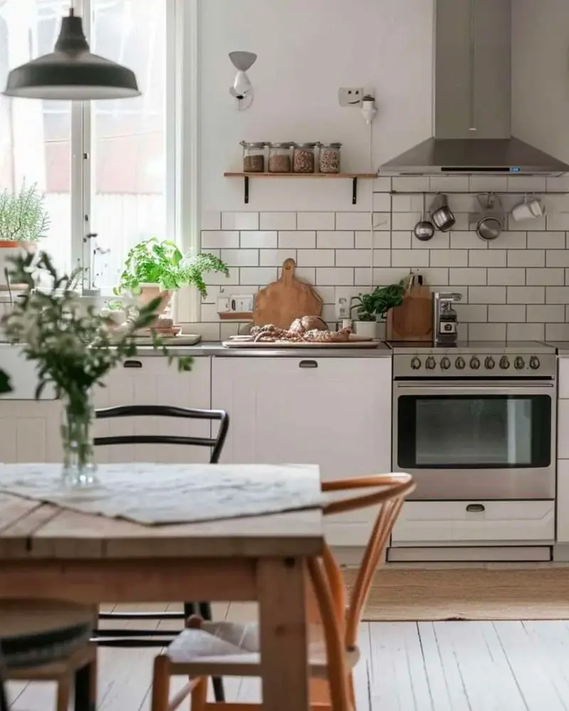 White kitchen with subway tile, stainless range, wood table with flowers and bentwood chairs