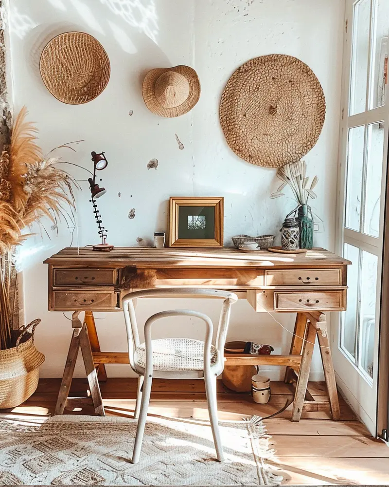 Vintage wooden drawer desk on trestle legs, white bentwood chair, woven wall baskets and a straw hat