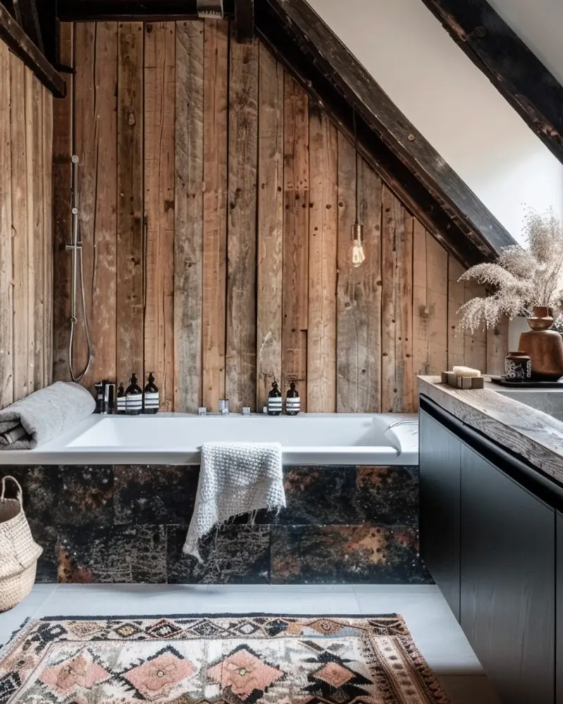 Weathered wood plank wall, dark marble tub surround, white towels and diamond-pattern rug