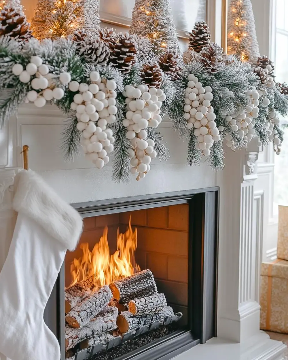 Mantel draped in a flocked garland with white felt ball clusters and pinecones, a white faux fur stocking and birch logs