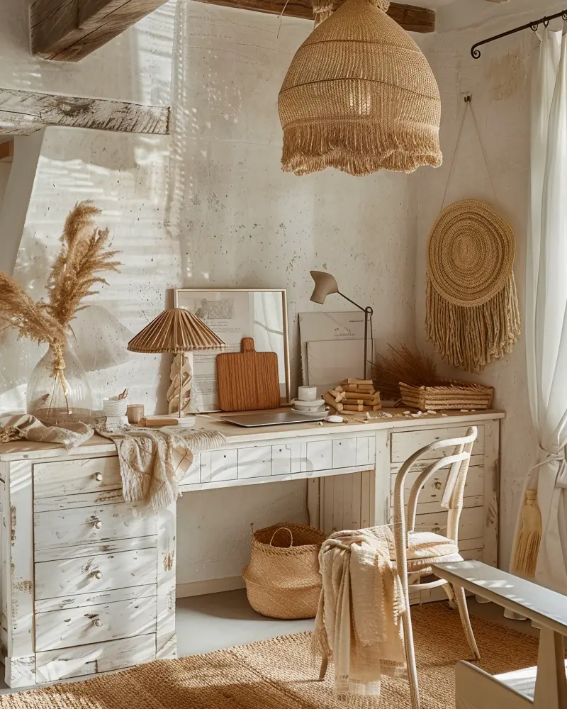Distressed white drawer desk under a fringed raffia pendant, woven wall basket and wicker basket on a jute rug
