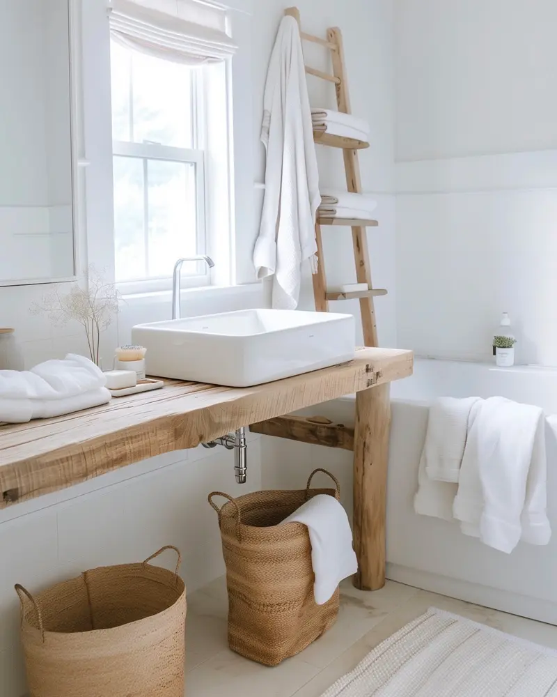 Rough wood plank vanity with white basin, tall wood ladder with towels and woven baskets