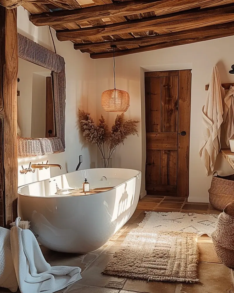 Freestanding tub with wood beam ceiling, wood door, rattan pendant and jute rug