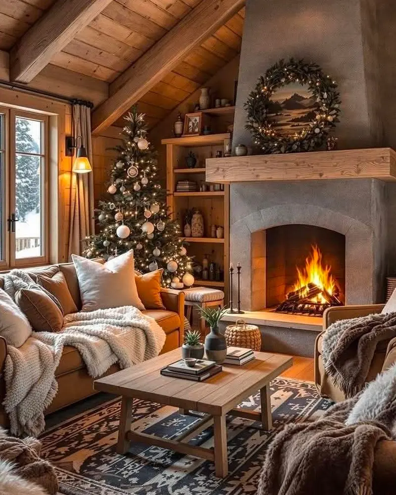 Cabin living room with a wood ceiling, a stone fireplace with a wreath, a decorated tree and fur throws