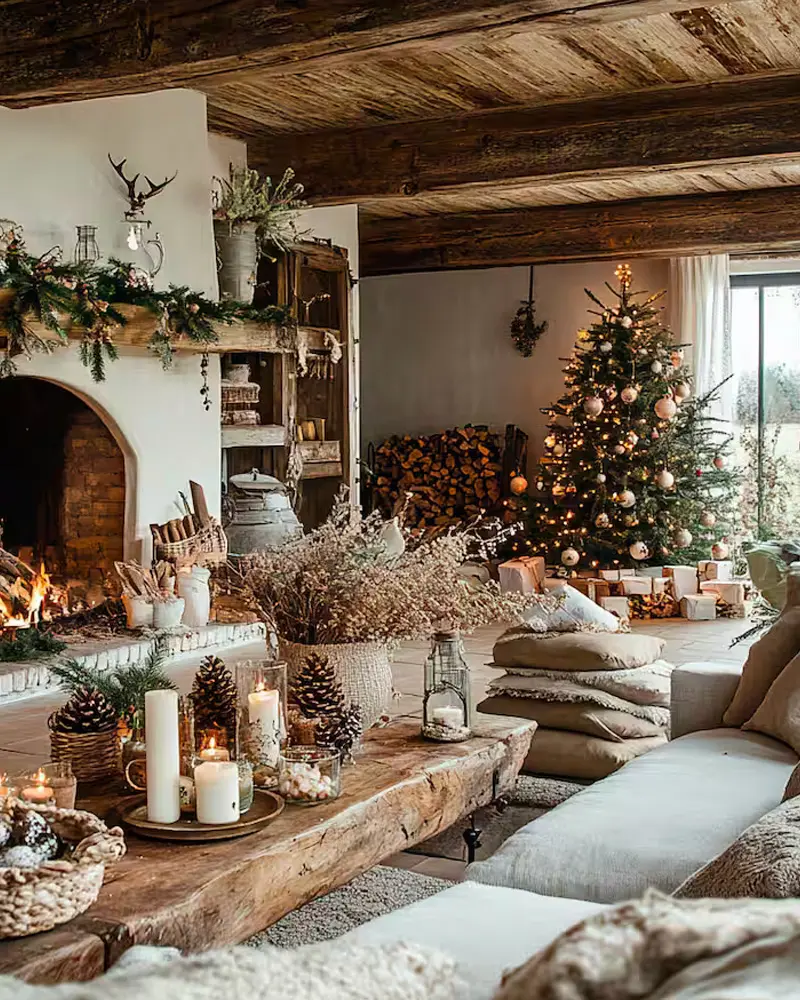Rustic beamed living room with a fireplace garland, pillar candles on a slab coffee table and a lit tree