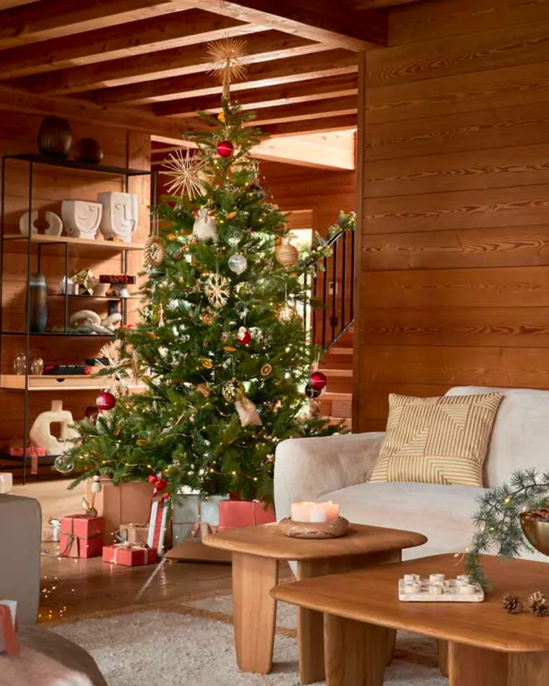Wood-paneled living room with a tree, shelves of ceramics and two low wood coffee tables