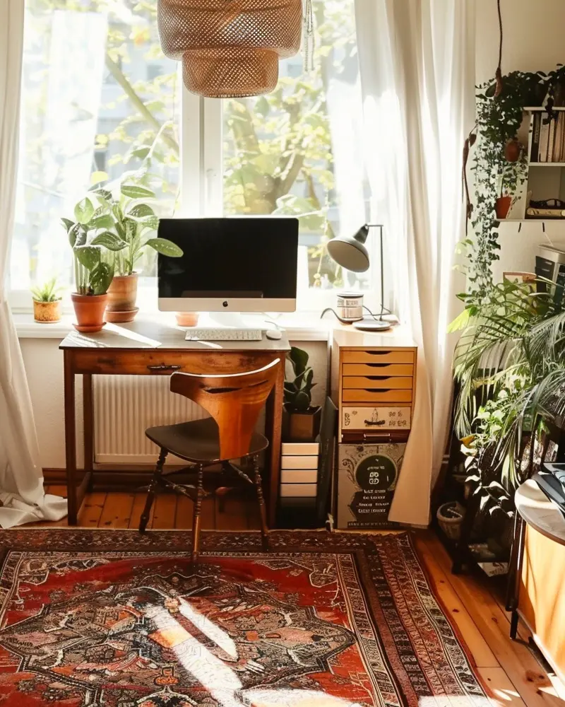 Wooden desk at a sunny window with potted plants, bentwood chair, trailing greenery and a red Persian rug