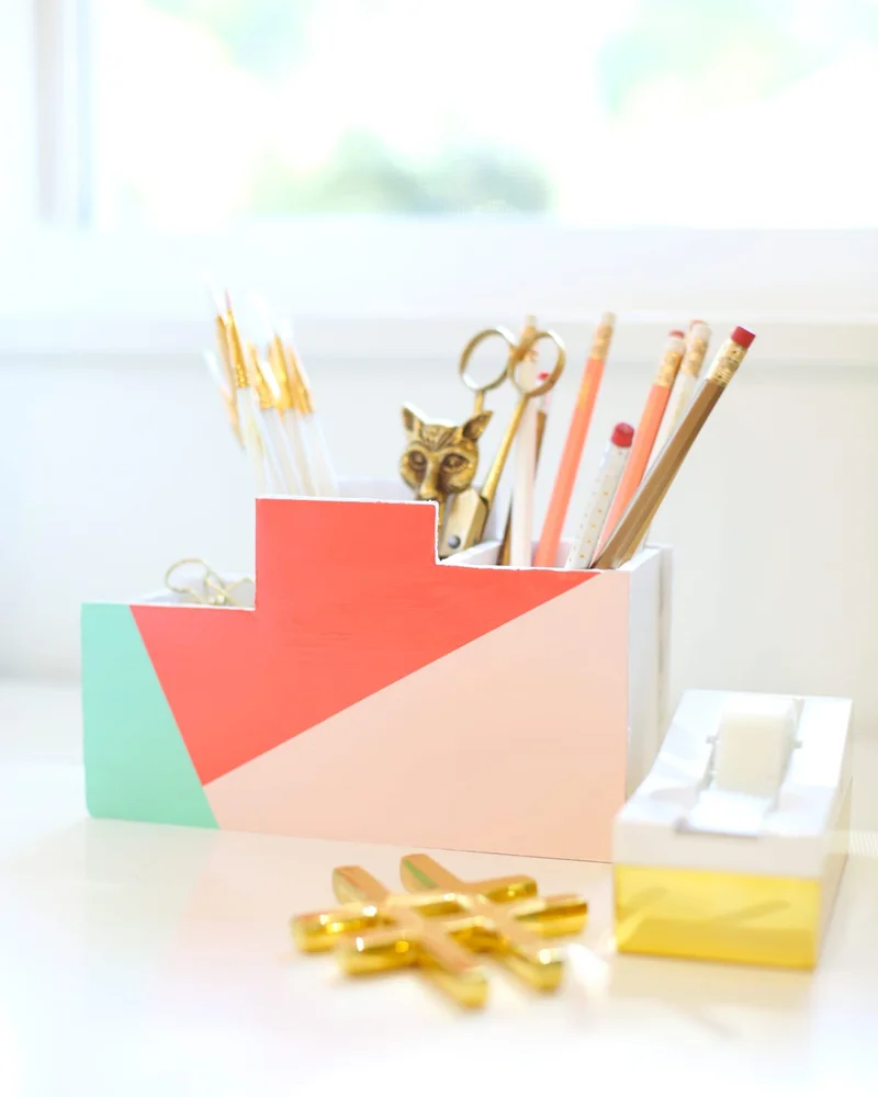 Wood pencil holder painted in coral, mint and blush color blocks