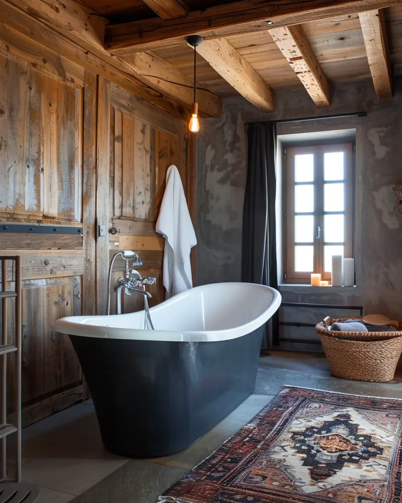 Weathered wood walls and beamed ceiling, dark slate-gray tub, Oriental rug and wicker basket