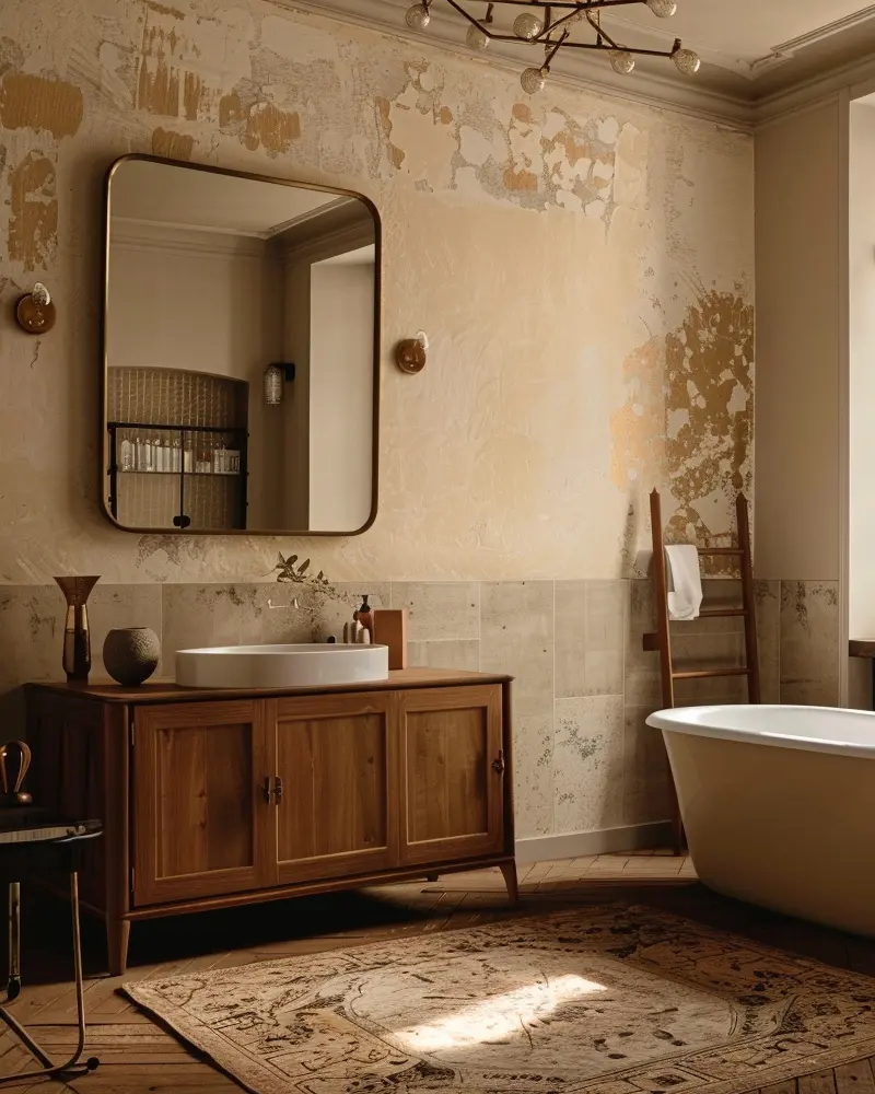 Distressed plaster walls, vintage wood vanity with white basin, rounded mirror and beige rug